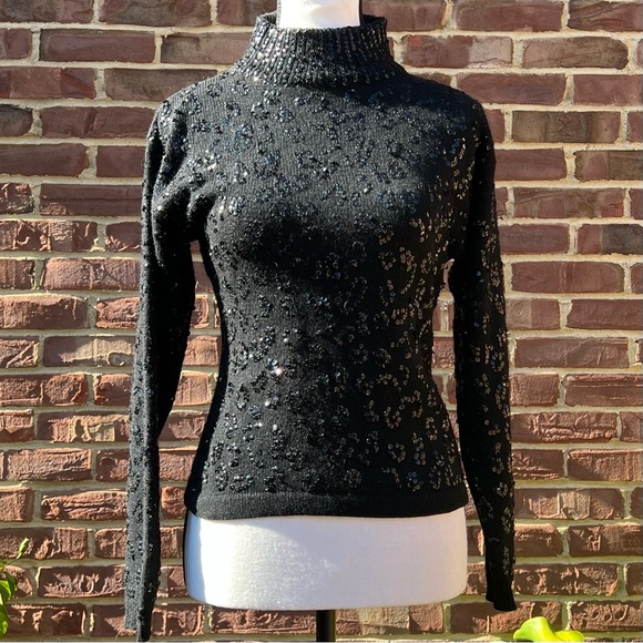 Christian Dior Separates Vintage Black Lambswool Sequin Turtleneck Sweater Sz S - Picture 1 of 12